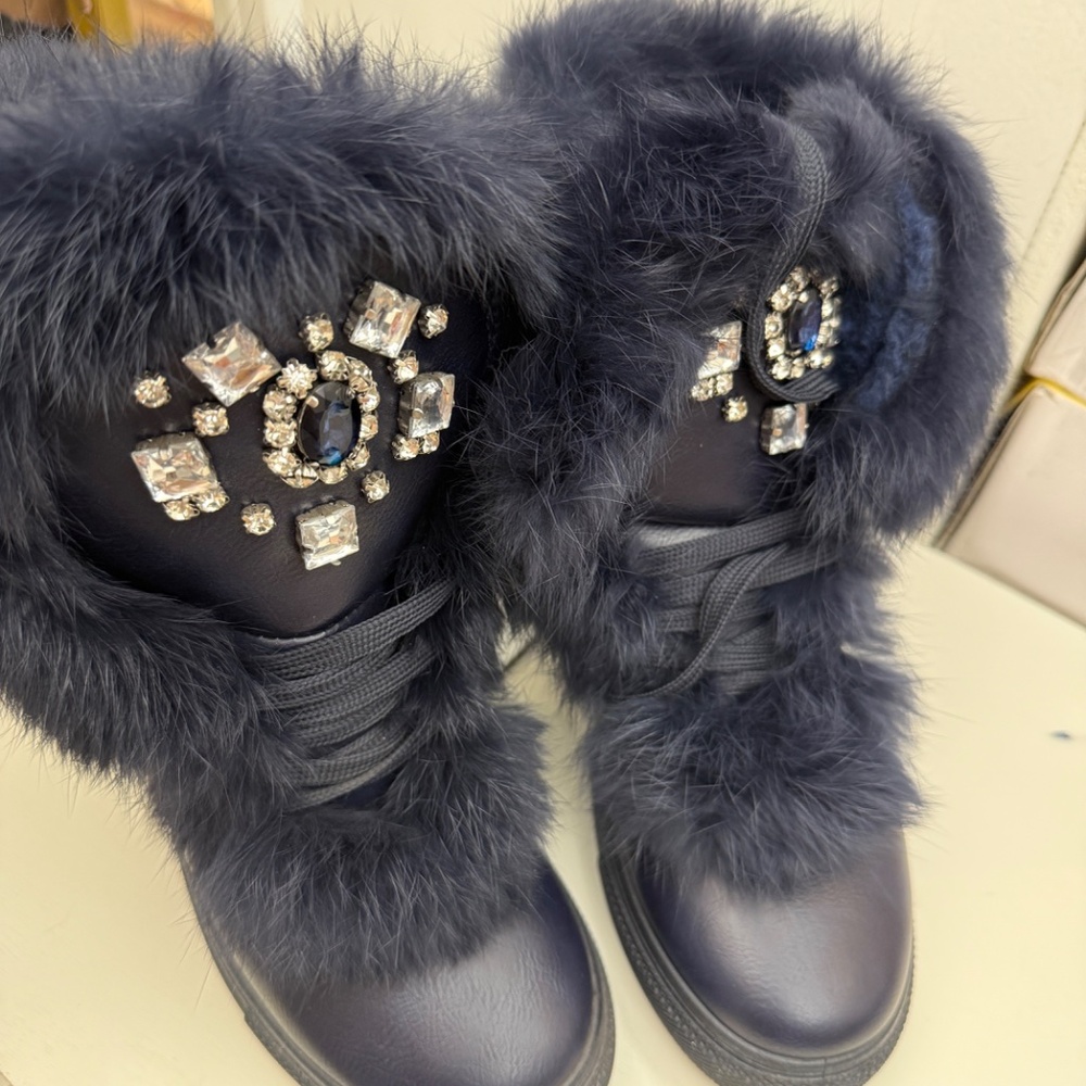 NAVY  FUR BOOTS WITH STONE 7280